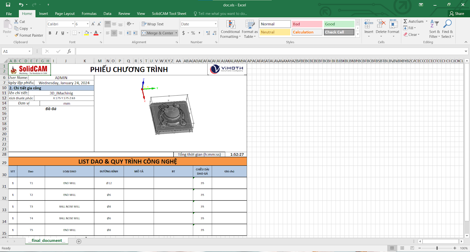 File excel chứa các thuộc tính 